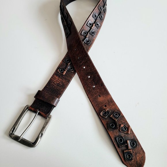 Bill Adler Design brown leather belt with metal setails. - Picture 7 of 12